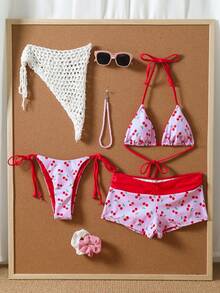 Swim Mod 女款 36SS 春夏新款櫻桃印花 V 領露背三角比基尼套裝，蝴蝶結裝飾，3 件式泳衣，適合海灘、度假、夏季節慶、派對穿搭，櫻桃印花比基尼泳裝，女款 3 件式比基尼套裝，女款海灘度假穿搭，掛脖比基尼上衣搭配泳褲，度假美學比基尼套裝 - 粉色 - 查看 4