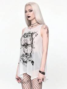 ROMWE Goth Débardeur long ample coupe A pour femme, motif crâne sombre, insecte, squelette et astrolabe - Blanc - Voir 4