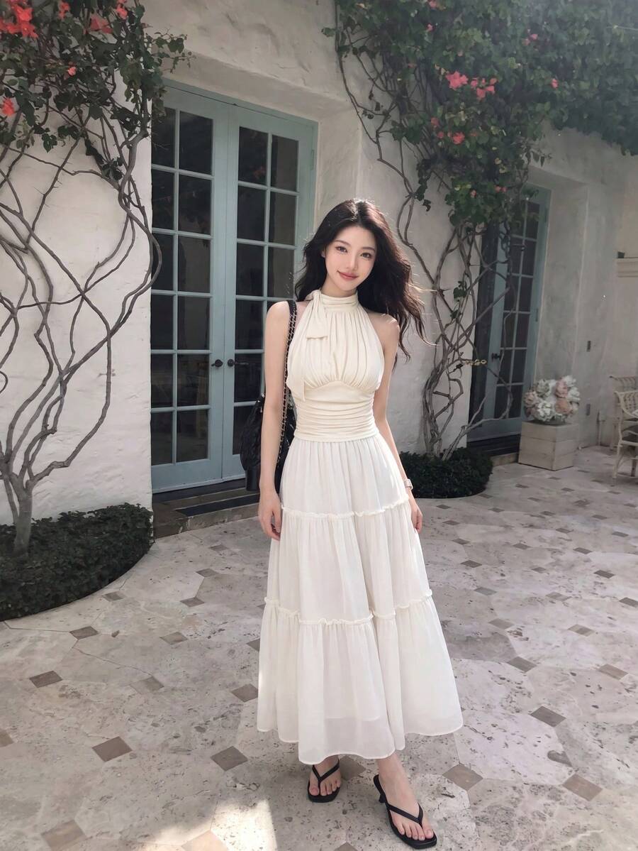 SHEIN MOD Chân váy dài Boho bèo nhún, cạp giấy, viền bèo, gấu bèo nhún