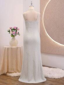 SHEIN Tween Girls Elegant Back To School White Contrast Mesh Square Neck Strap Hi Waist Fishtail Maxi - White - View 2