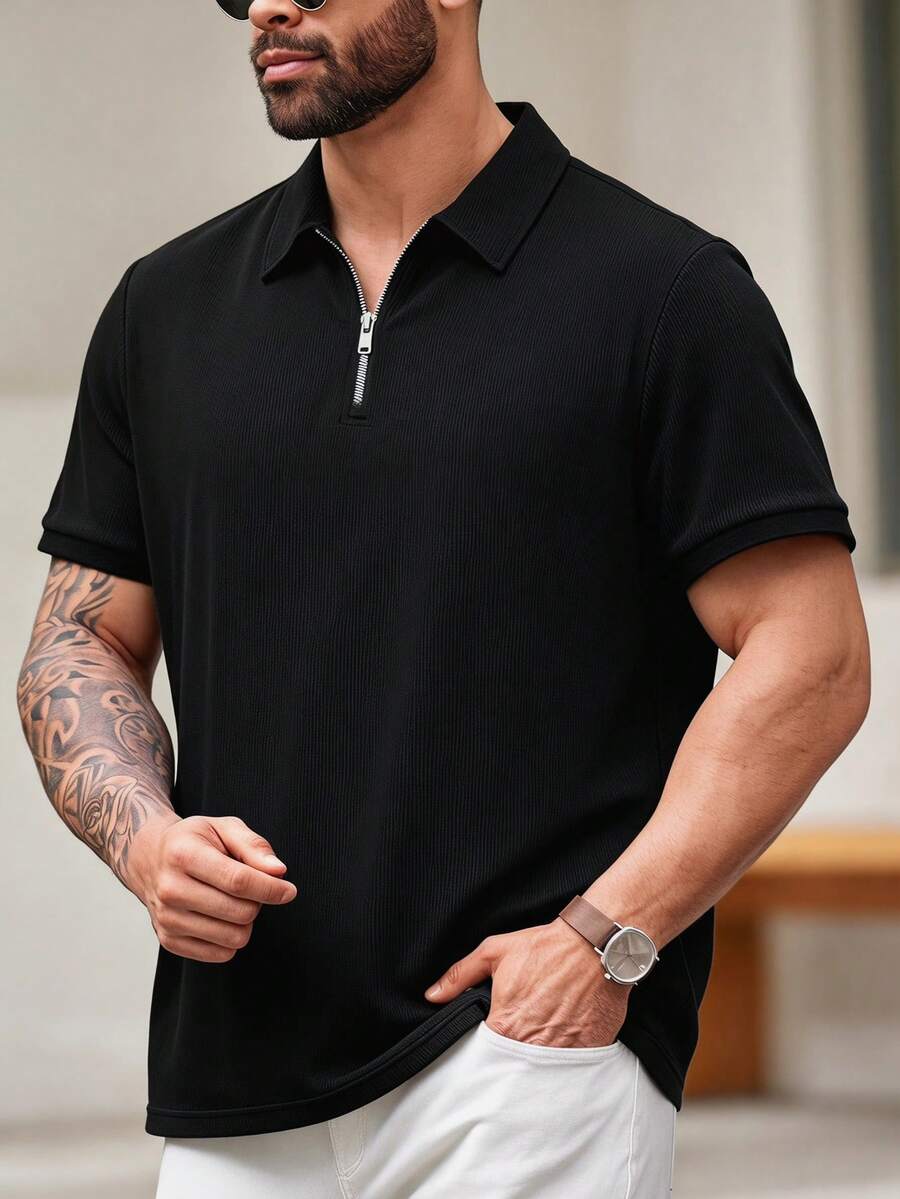 EASEVO 男士大尺碼夏季休閒商務純色短袖 Polo 衫，度假、父親節禮物、假期黑色、足球 - 黑色 - 查看 1