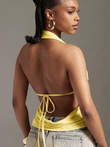 Denimoi Atasan Seksi Tanpa Punggung Model Halter Neck untuk Liburan Musim Panas di Pantai Luar Ruangan - Kuning - View 2