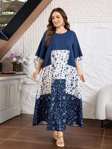 Lacomfia Robe élégante pour femmes grande taille, manches mi-longues, patchwork floral discret, col rond, style décontracté pour le travail et les vacances - Multicolore - Voir 1