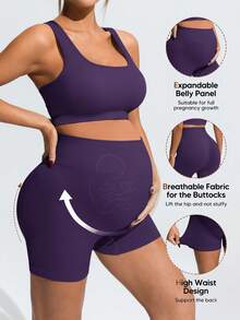SHEIN Maternity Summer Solid Color Elastic Breathable Sports Bra And Shorts Set - Purple - View 3