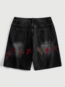 ROMWE MEN Men's Pocket Button Cross Embroidery Denim Shorts - Black - View 2