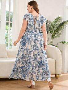 SHEIN Clasi 大尺碼夏季優雅碎花印花荷葉邊裙 - 藍白色 - 查看 9