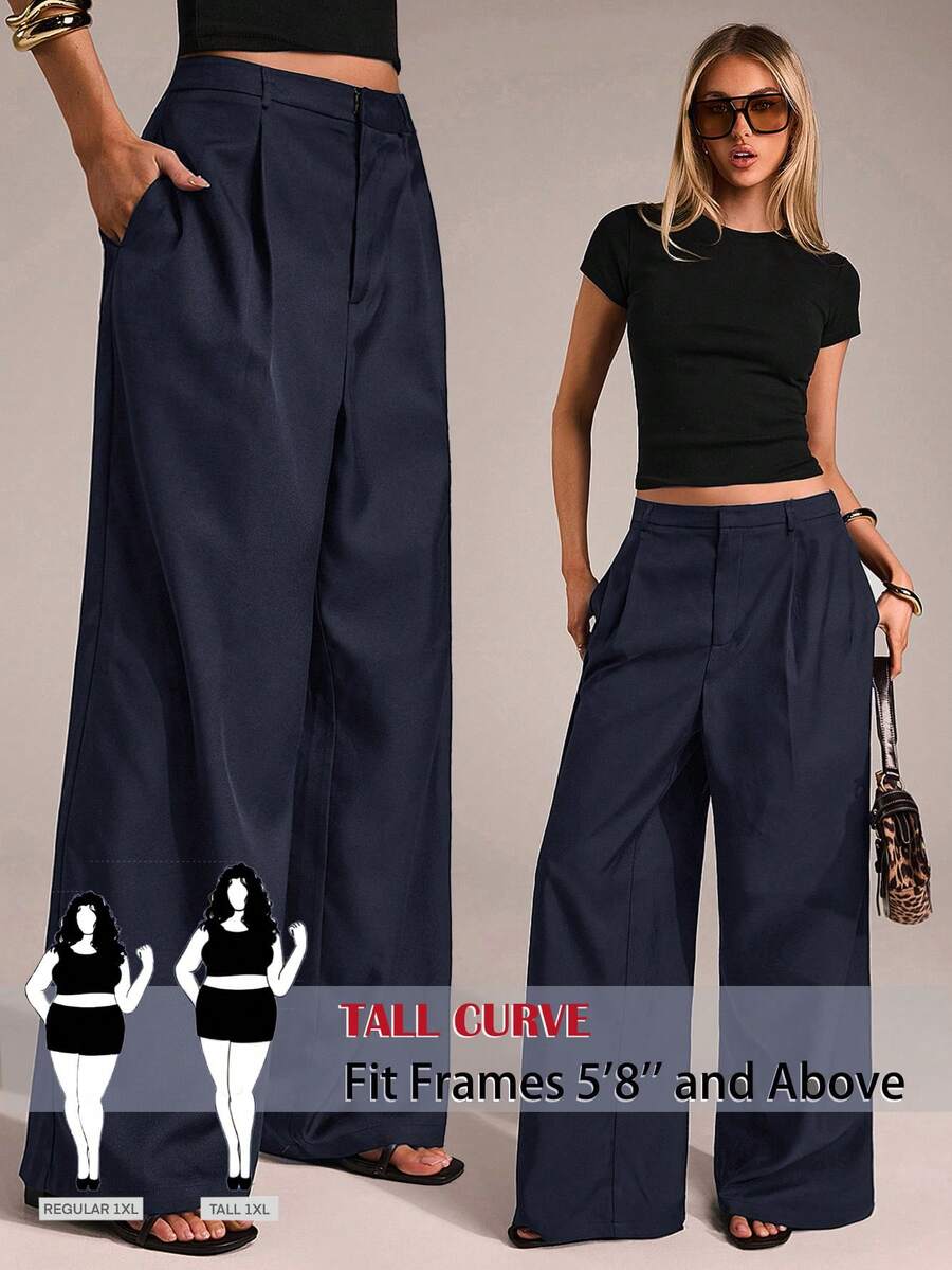 SHEIN Tall CURVE 大码百搭纯色阔腿裤,适合通勤。 - 藏蓝色 - 查看 1