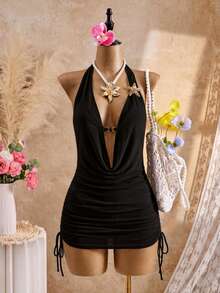 Swim Mod Plus Size Women's White Mesh Cover-Up Swimsuit, Halter Neck Deep V-Neck Ruffle, Gold Starfish Shoulder Straps, Beach Vacation Summer Sexy - Black - View 6