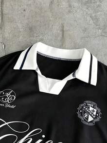 AXEPEAK Men's Summer Short Sleeve Pattern Letter Print Polo Shirt - Black - View 5
