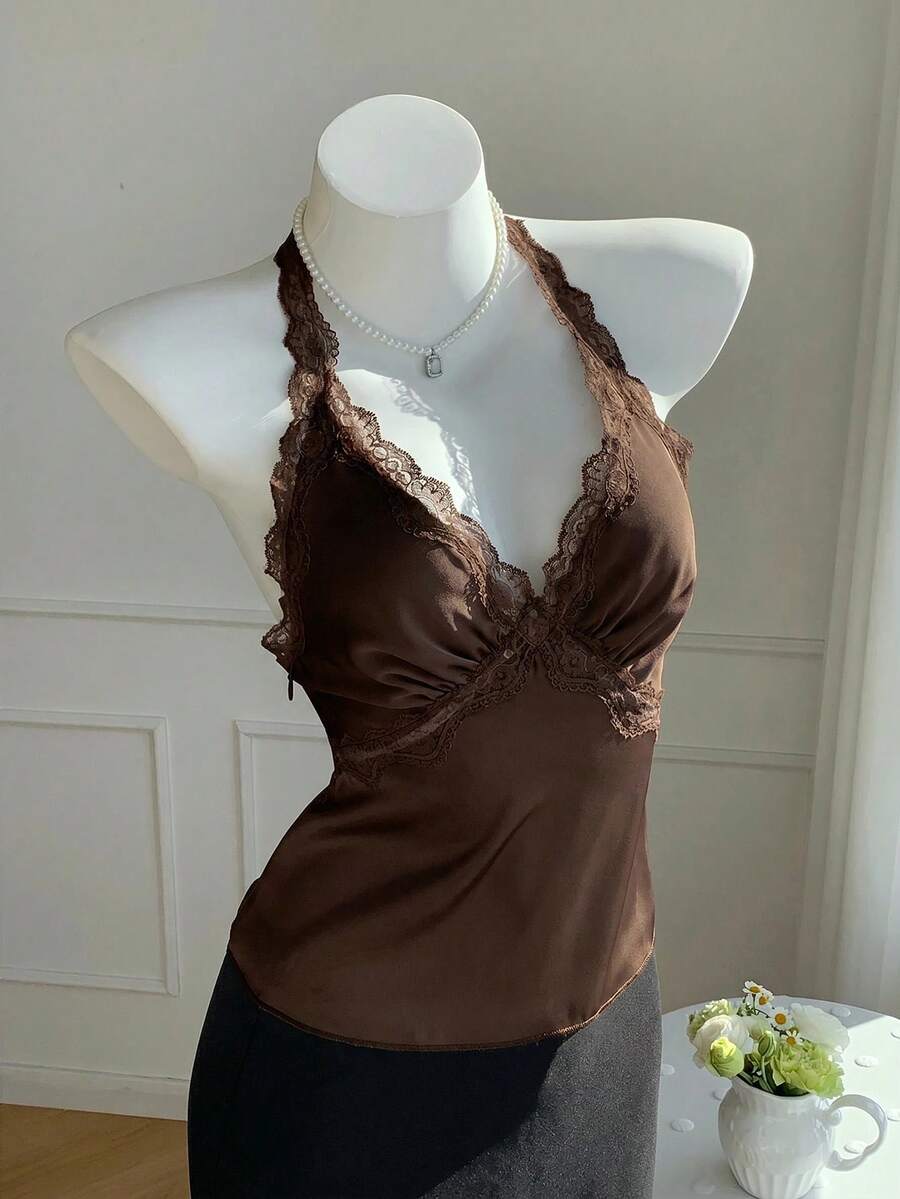 Comfortcana 咖啡棕蕾絲拼接露背女款上衣,性感夜店時尚,夏季海灘度假 Y2K 風格,優雅休閒派對約會上衣 - 咖啡棕 - 查看 1