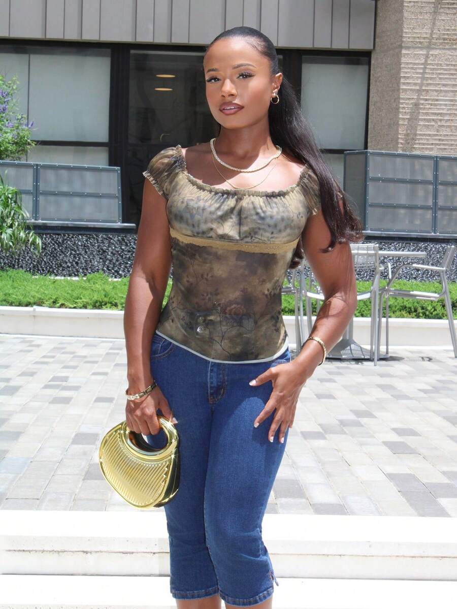 Steph T 復古復古風泡泡袖方領針織織帶拼接網布修身女款T恤休閒夏季 - 彩色 - 查看 1