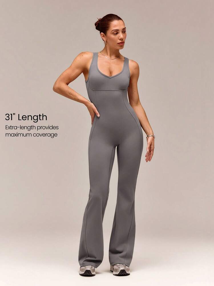 31" Quick-Dry Find Your Flare Open Back Flare Jumpsuit Bodysuit With Corset Details Removable Cups Low Impact Yoga Pilates Studio Daily Active Wear