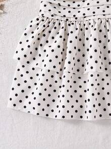 SHEIN 1 pieza Vestido ajustado con cintura ceñida, cuello halter, estampado de lunares y decoración de lazo desmontable, elegante y tejido, nuevo para niñas preadolescentes en verano, para salidas diarias, fiestas, banquetes y uso casual - Blanco - Ver 6