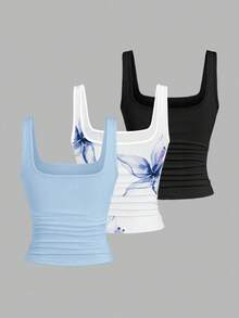 EMERY ROSE 3pcs Plus Size Women's Casual Solid Color & Full Printed Pattern Sleeveless Vest Set, Summer - Multicolor - View 2