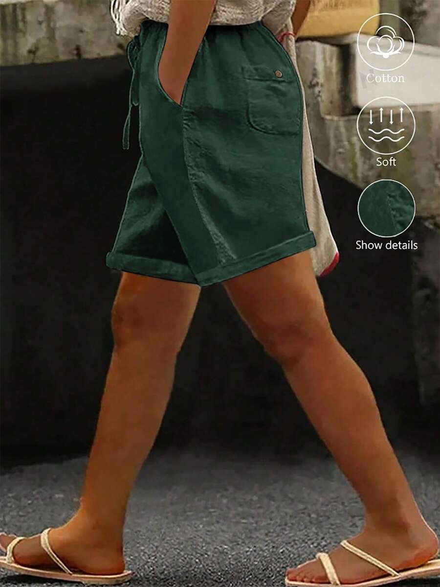 SHEIN EMERY ROSE CURVE Plus Size Vacation Washed Cotton Cinched Waist Back Pocket Button Decor Women's Short Top - Dark Green - View 1