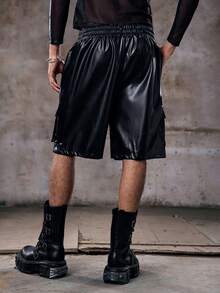 Skyrend Men's Black Faux Leather Cargo Shorts, Streetwear Styleemo Grunge - Black - View 3