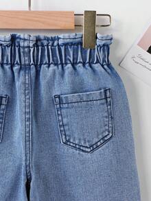 SHEIN Elladie kids 少女休閒波希米亞風度假平腰平口袋寬腿牛仔褲，日常穿搭 OOTD - 中等水洗藍 - 查看 5