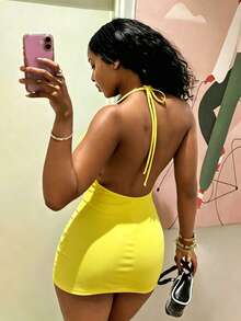 StreetHx Women's Black Deep V-Neck Halter Chain Decor Short Dress - Yellow - View 2