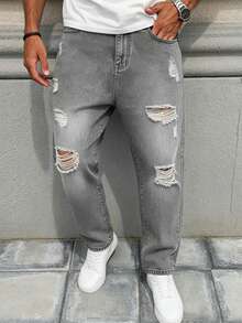 Manfinity LEGND Men's Casual Versatile Daily Wear Jeans With Pocket, Button And Distressed Design - Light Grey - View 5