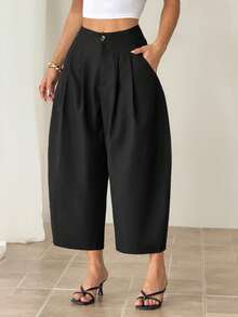SHEIN PETITE Women's Solid Color Minimalist Casual Pants - Black - View 6