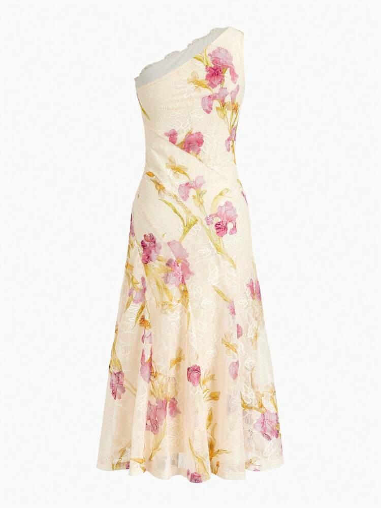 WOMEN'S SPRING/SUMMER ROMANTIC FLORAL PRINT CONTRAST LACE MIDI DRESS