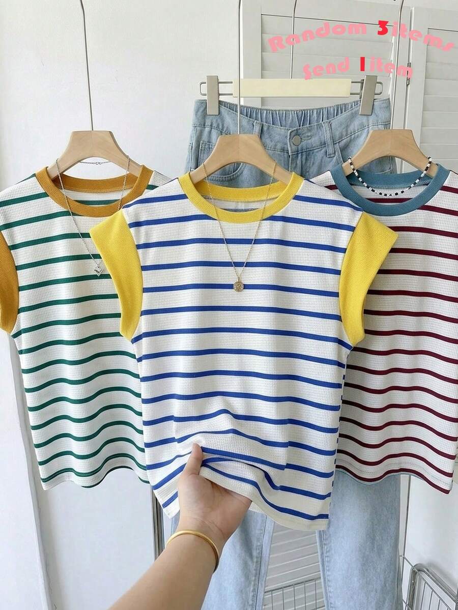 SHEIN 少女条纹圆领短袖休闲T恤,简约家居休闲服 - 彩色 - 查看 1