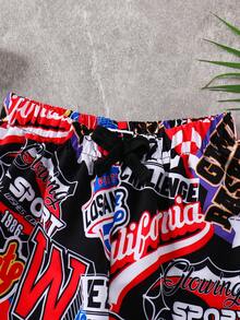 SHEIN Kids Tween Boy Japanese & Korean Style Casual Versatile Comfortable Coconut Tree Print Pattern Loose Patchwork Tight Inner Lining Woven Loose Swim Shorts Beach Pants - Multicolor - View 7