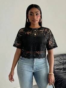 SHEIN PETITE CURVE 大尺碼女款蕾絲圓領短袖透視襯衫 - 黑色 - 查看 3