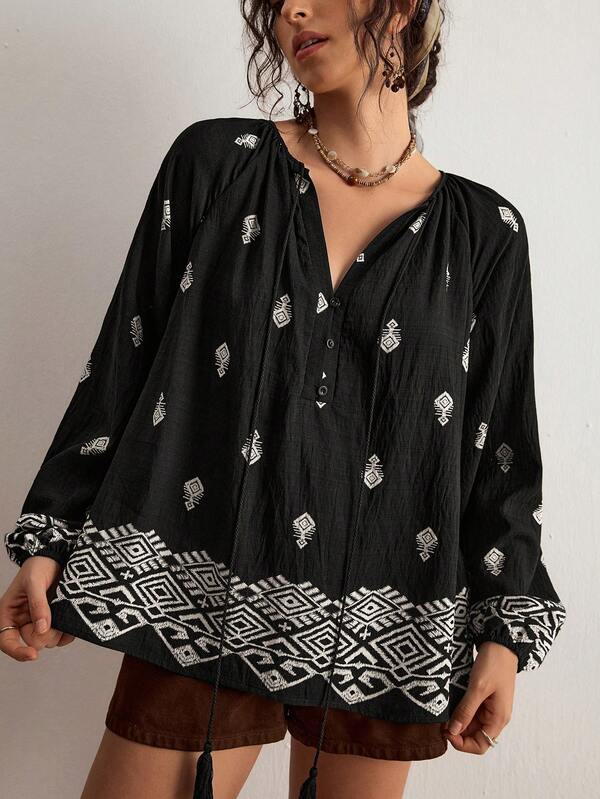 Freevana Women's Vintage Boho Style | Black Printed V-Neck Tassel Tie Long Sleeve Blouse - Lantern Sleeve Loose Fit Pullover Top