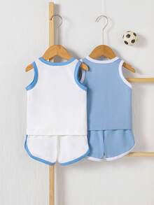 SHEIN Playful Pals 男嬰 4件套 字母印花圓領背心與運動短褲全套裝，運動風，適合夏季 - 彩色 - 查看 3