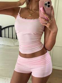 SHEIN EZwear 淺粉色針織細肩帶上衣與短褲兩件套女款家居休閒夏季浪漫甜美套裝 - 粉色 - 查看 6