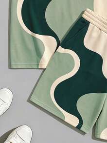 Sorvial Men's Wave Print T-Shirt And Shorts Casual Set, Suitable For Summer - Green - View 4