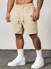 Gym Rark Men's Corduroy Drawstring Shorts, American Retro Loose Casual Versatile Sports Mid-Length Shorts - Khaki - View 6