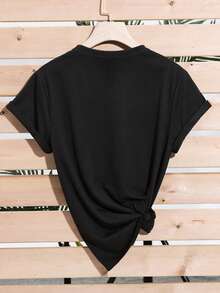 Women's Summer T-Shirt With Short Sleeves, Simple Printed Design And Round Neck - Black - View 2