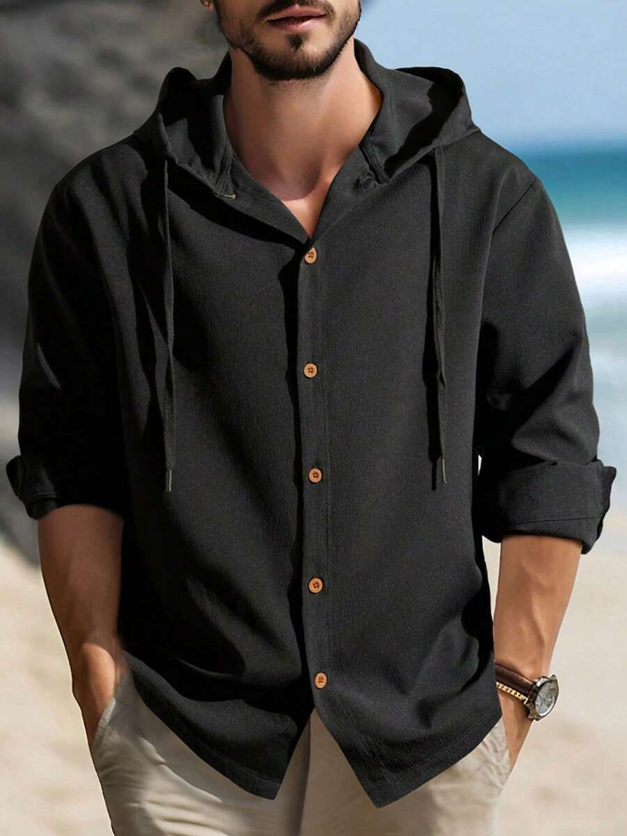 Manfinity Homme Men's Solid Color Hooded Plain Shacket, For Friends, Fall - Black - View 1