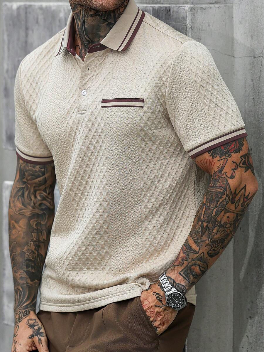 Manfinity CasualCool 男士夏季休閒高爾夫 Polo 衫,短袖通勤老錢風,復古 Y2K 街頭風,適合日常休閒、戶外活動與辦公正式場合 - 卡其色 - 查看 1