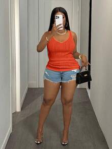 Slaydiva Plus Size Women's Casual Basic Tank Top, Deep V Neck And Fine Ribbed Texture, White - Orange - View 3