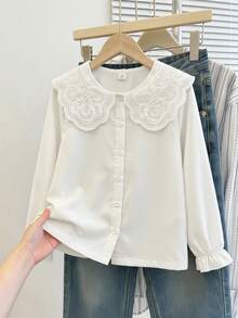 SHEIN 青少年女孩秋季上衣 優雅刺繡花卉領長袖前開鈕扣休閒公主風襯衫，適合學校、度假 - 白色 - 查看 4