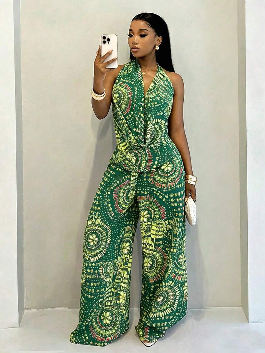 BamGleam Summer Sexy All-Over Print Halter Neck Backless Top And Long Pants 2pcs Set - Green - View 1