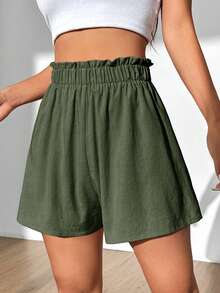 Flirla Women's Solid Color Ruffle Waist Casual Shorts - Army Green - View 5