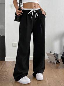 SHEIN PETITE CURVE 大码女式休闲撞色裤，女式春秋季休闲抽绳口袋阔腿黑色宽松长裤，休闲舒适抽绳腰阔腿裤 - 黑色 - 查看 5