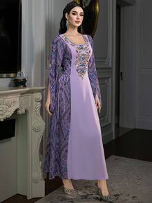Layrah Vintage Print Colorblock Side Cinched Waist Handmade Rhinestone Embellished Arabian Dress - Purple - View 5