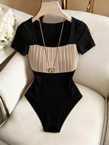 Selianne Women's Summer Casual Elegant Commuting Colorblock Textured Fabric Square Neck Bodysuit Night Out Black - Black - View 4