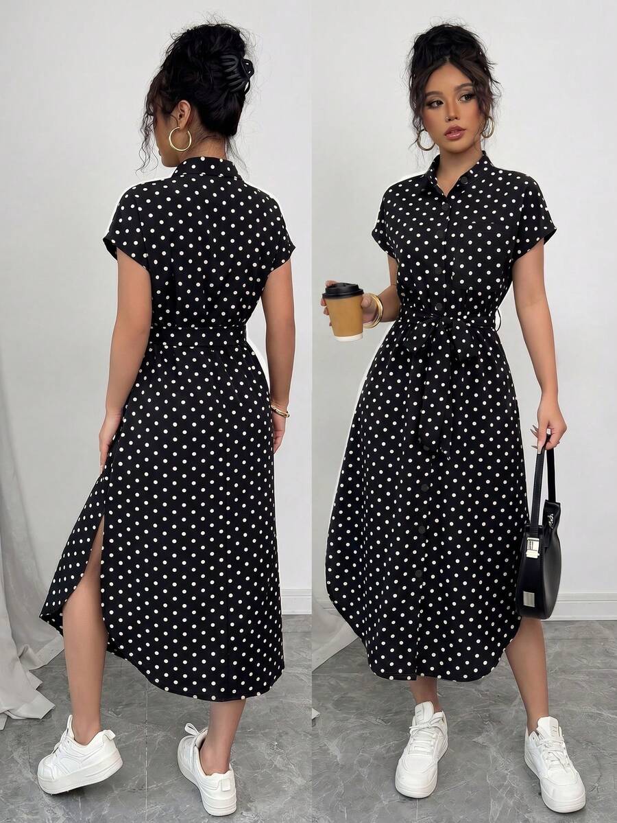 SHEIN Raffinéa 女款休閒度假旅行豹紋前扣鈕扣腰帶蝴蝶結口袋側開衩 2025 夏季新款短袖長洋裝 - 黑色 - 查看 1