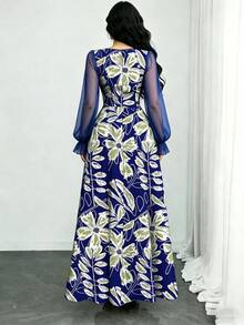Modelyn 花卉植物线条印花藏蓝色连衣裙，女士时尚方领灯笼袖设计连衣裙，夏季收腰长款优雅连衣裙，适合夏季度假和日常穿着。 - 彩色 - 查看 2