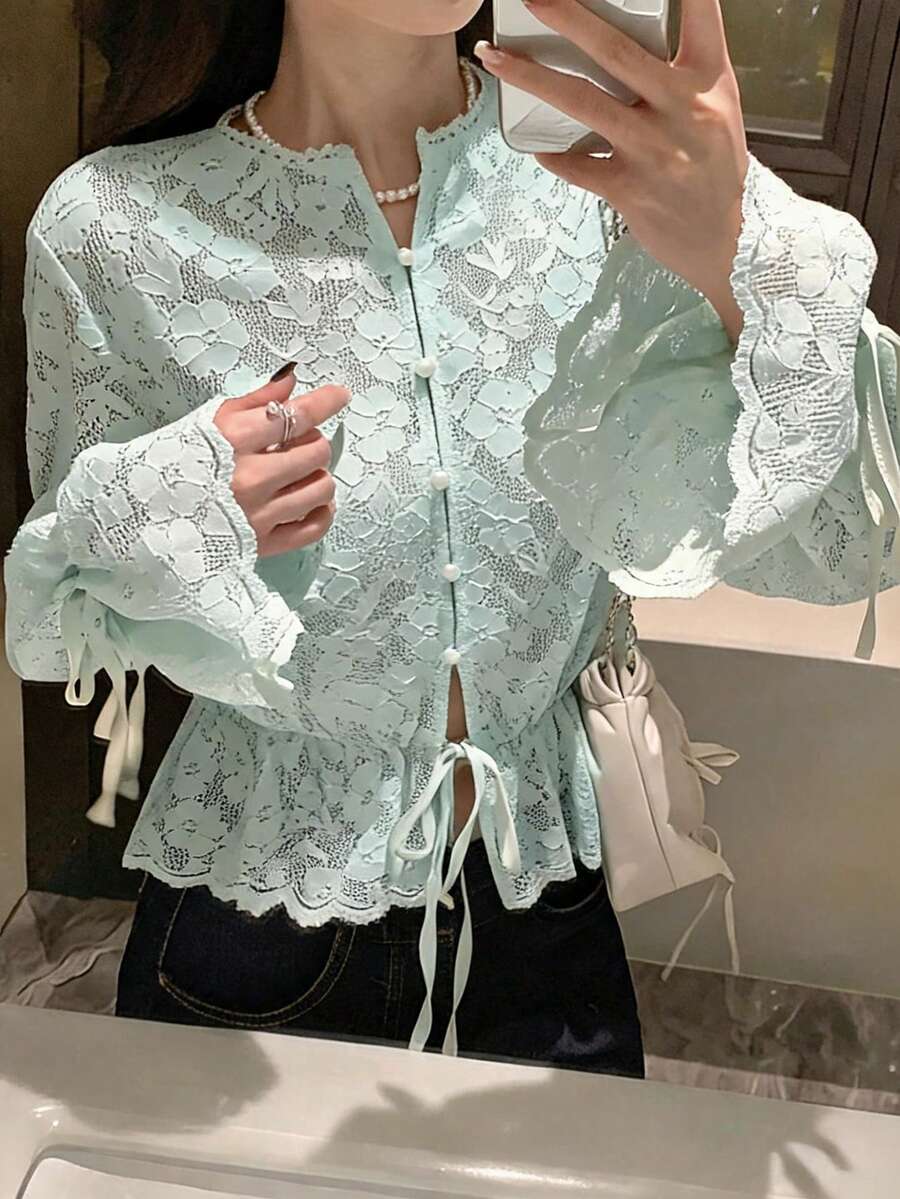 DAZY 女款純色蕾絲拼接抽繩下擺荷葉邊綁帶優雅度假襯衫，春秋長袖 - 綠色 - 查看 1
