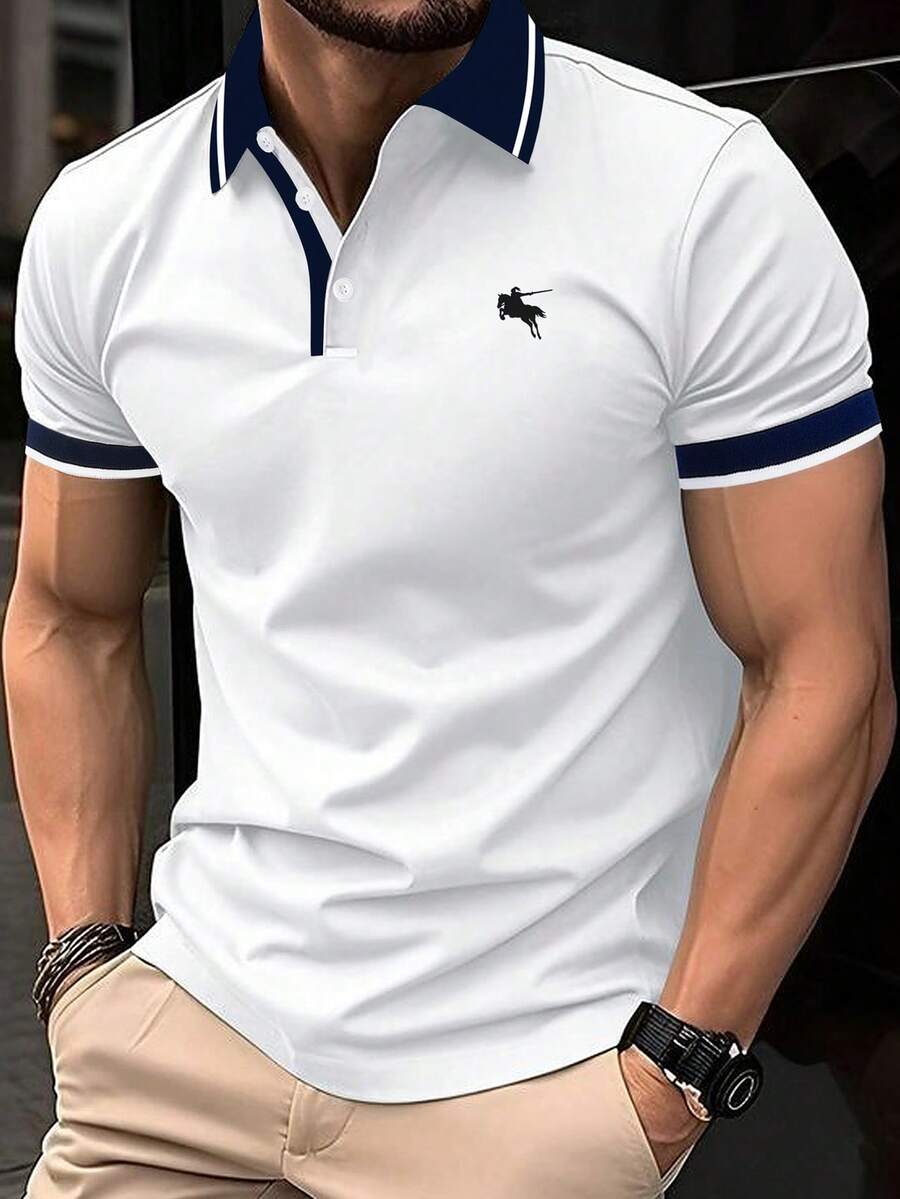 Calvornis 男士大尺碼騎士刺繡圖案休閒百搭日常穿著短袖 Polo 衫,儀式感 - 白色 - 查看 1