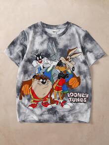LOONEY TUNES X SHEIN Tween Boy Crew Neck Letter Cartoon Print Casual Versatile Daily Outing Short Sleeve T-Shirt - Grey - View 3