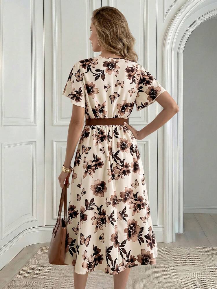 Women's Floral Print V-Neck Short Sleeve Elegant Dress,Summer Dress,Going Out Dress,Holiday Outfits For Women,Floral Dresses For Women
