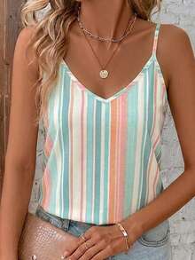 SHEIN Clasi Casual Boho Minimalist Orange And White All-Over Stripe Print Pattern V-Neck Loose Camisole Suitable For Summer Vacation Versatile Style Vacation - Multicolor - View 6